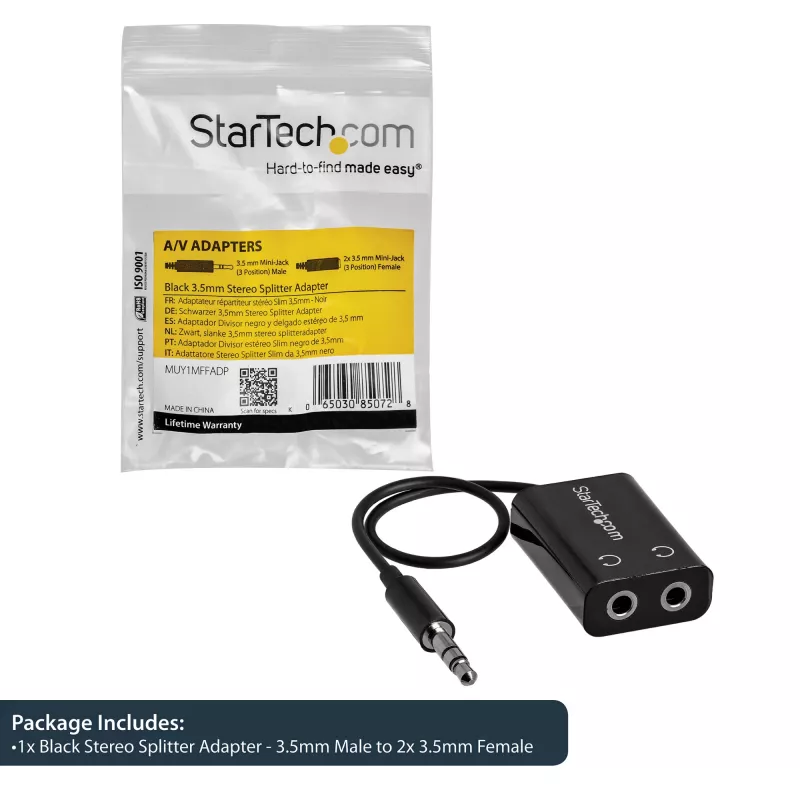 StarTech.com Adaptador de cabo divisor de auscultadores mini jack fino preto – ficha de 3,5 mm para 2x conector fêmea de 3,5 mm
