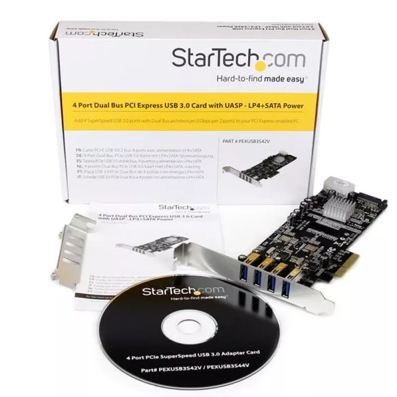 StarTech.com Adaptador de placa PCI Express (PCIe) SuperSpeed USB 3.0 de 4 portas com 2 canais dedicados de 5 Gbit/s – UASP – Alimentação SATA / LP4