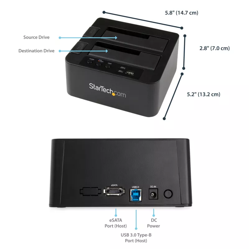 Duplicador de discos rígidos de baía dupla StarTech.com, clonador/copiador autónomo USB 3.0 (5 Gbit/s) / eSATA para HDD/SSD SATA III de 2,5/3,5 polegadas, docking station para disco rígido, clonador de discos rígidos