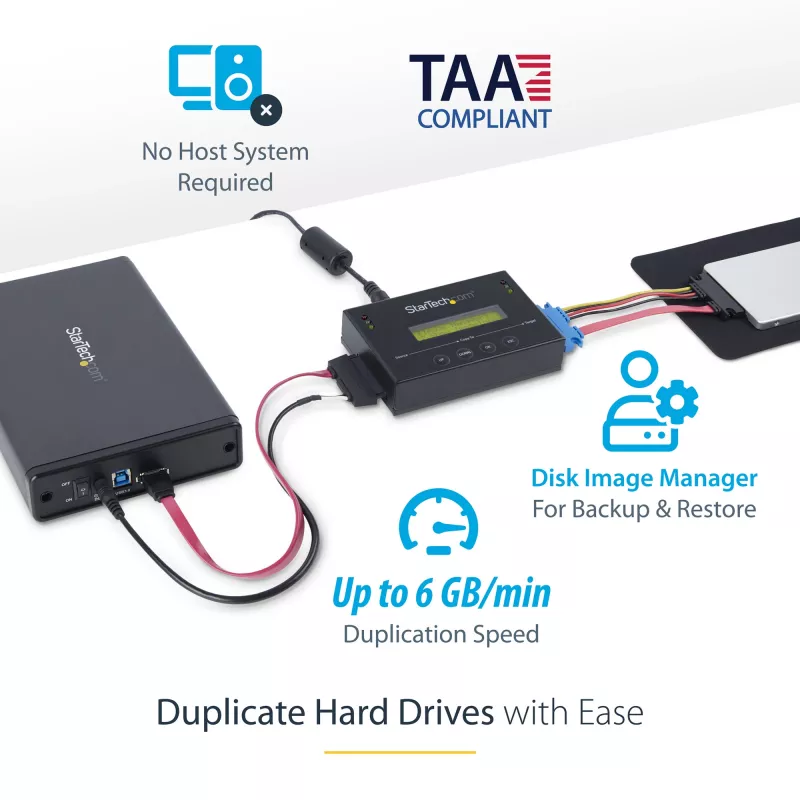 Duplicador de discos rígidos autónomo 1:1 StarTech.com com gestor de imagens de disco para backup e recuperação, armazenar várias imagens de disco numa unidade SATA de 2,5/3,5 polegadas, clonador HDD/SSD, não requer PC