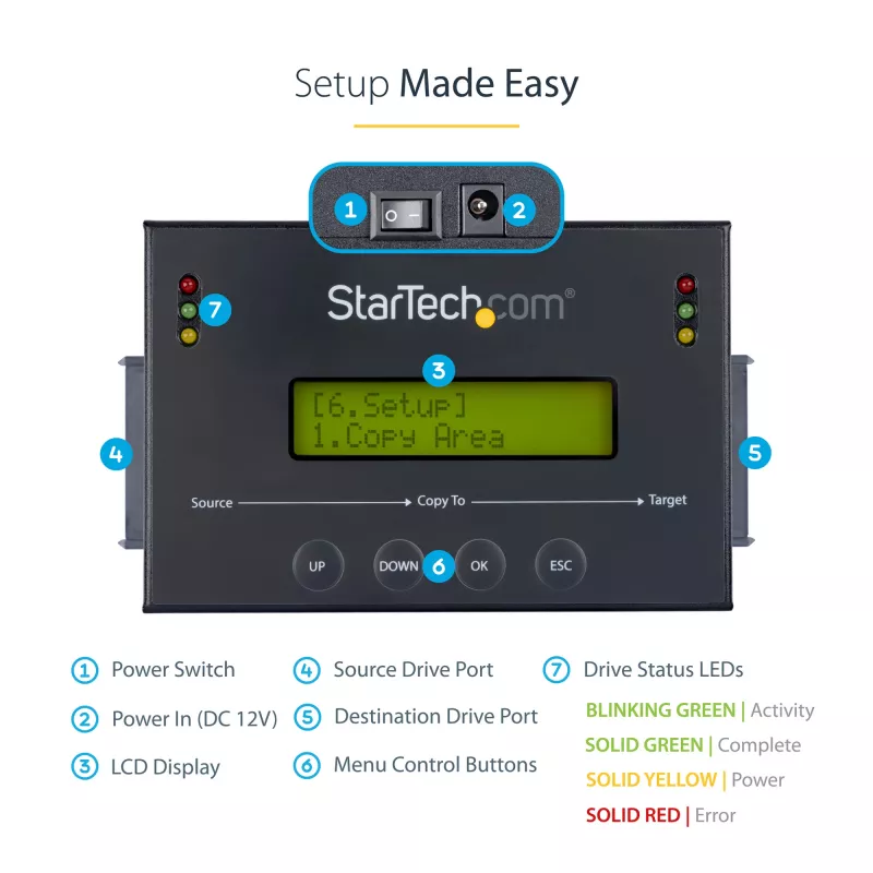 Duplicador de discos rígidos autónomo 1:1 StarTech.com com gestor de imagens de disco para backup e recuperação, armazenar várias imagens de disco numa unidade SATA de 2,5/3,5 polegadas, clonador HDD/SSD, não requer PC