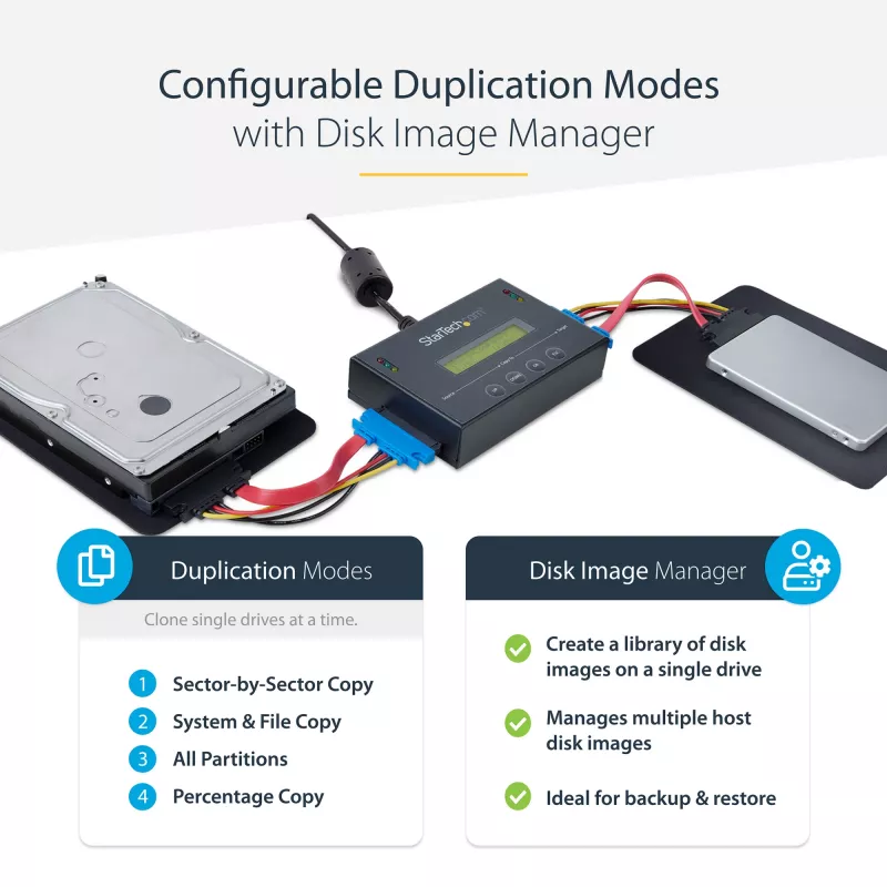 Duplicador de discos rígidos autónomo 1:1 StarTech.com com gestor de imagens de disco para backup e recuperação, armazenar várias imagens de disco numa unidade SATA de 2,5/3,5 polegadas, clonador HDD/SSD, não requer PC