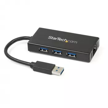 Hub USB 3.0 portátil de 3 portas StarTech.com com Gigabit Ethernet - Alumínio com cabo integrado~Hub USB 3.0 portátil de 3 portas com Gigabit Ethernet - 5 Gbit/s - Alumínio com cabo integrado