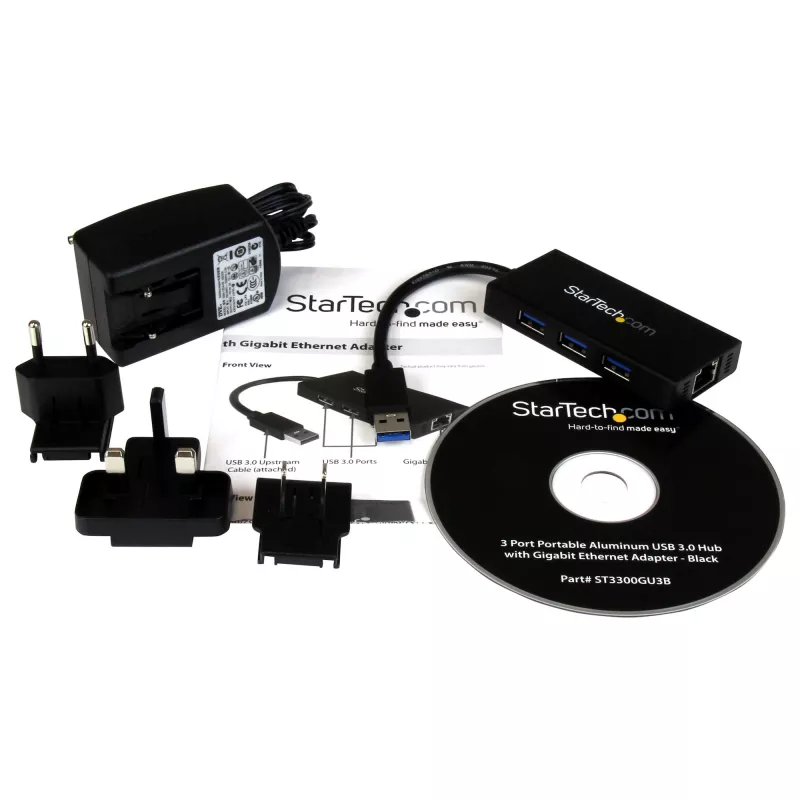 Hub USB 3.0 portátil de 3 portas StarTech.com com Gigabit Ethernet - Alumínio com cabo integrado~Hub USB 3.0 portátil de 3 portas com Gigabit Ethernet - 5 Gbit/s - Alumínio com cabo integrado