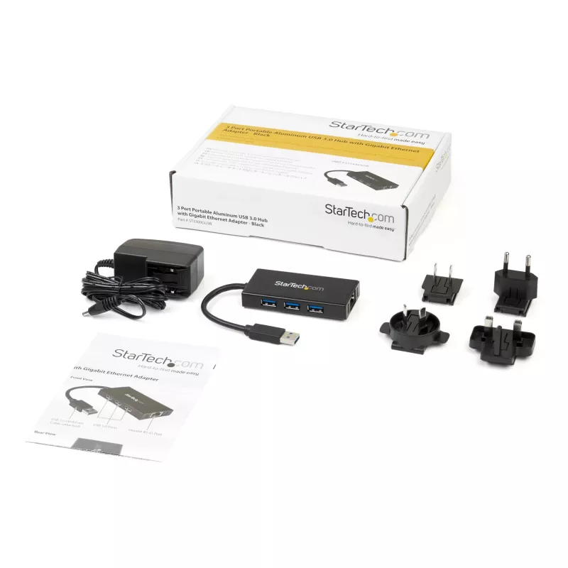 Hub USB 3.0 portátil de 3 portas StarTech.com com Gigabit Ethernet - Alumínio com cabo integrado~Hub USB 3.0 portátil de 3 portas com Gigabit Ethernet - 5 Gbit/s - Alumínio com cabo integrado