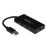 Hub USB 3.0 portátil de 3 portas StarTech.com com Gigabit Ethernet - Alumínio com cabo integrado~Hub USB 3.0 portátil de 3 portas com Gigabit Ethernet - 5 Gbit/s - Alumínio com cabo integrado