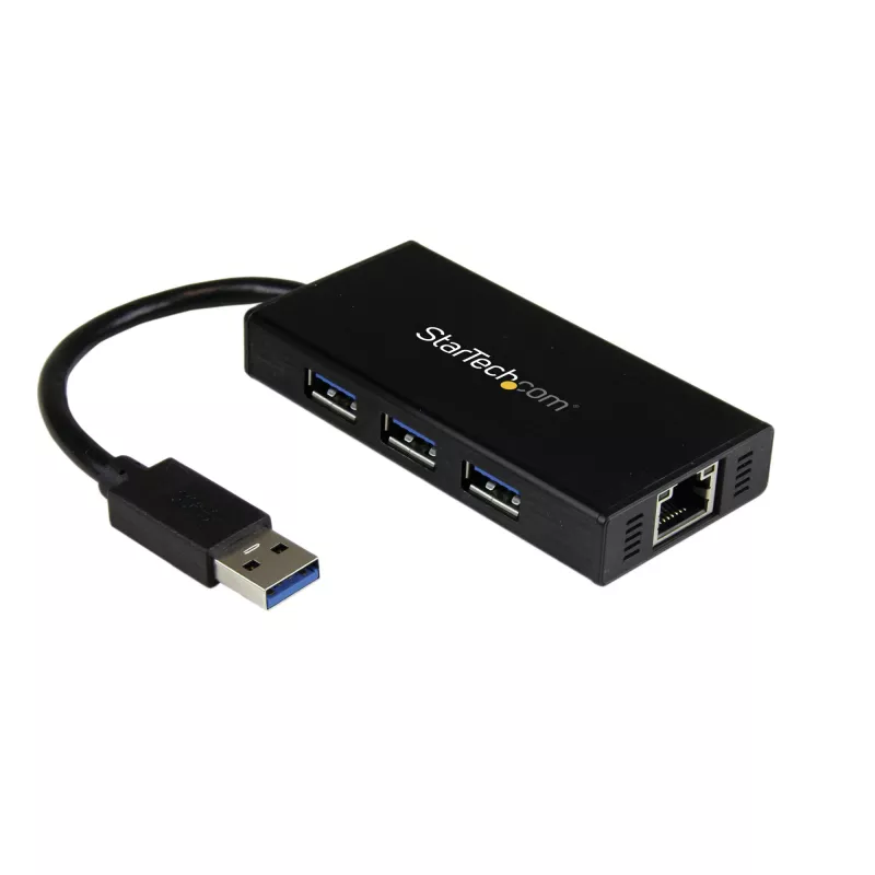 Hub USB 3.0 portátil de 3 portas StarTech.com com Gigabit Ethernet - Alumínio com cabo integrado~Hub USB 3.0 portátil de 3 portas com Gigabit Ethernet - 5 Gbit/s - Alumínio com cabo integrado