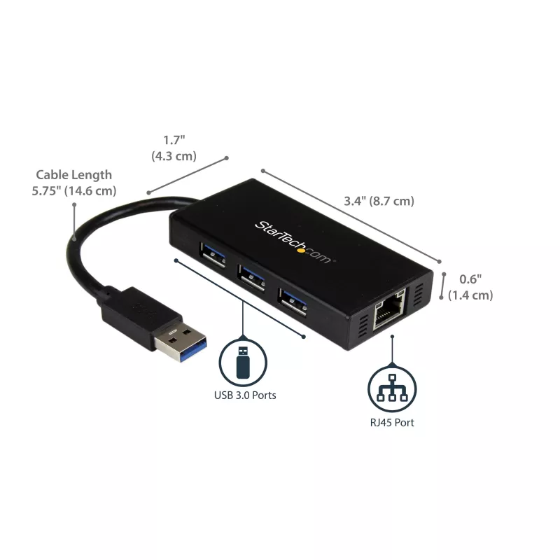 Hub USB 3.0 portátil de 3 portas StarTech.com com Gigabit Ethernet - Alumínio com cabo integrado~Hub USB 3.0 portátil de 3 portas com Gigabit Ethernet - 5 Gbit/s - Alumínio com cabo integrado