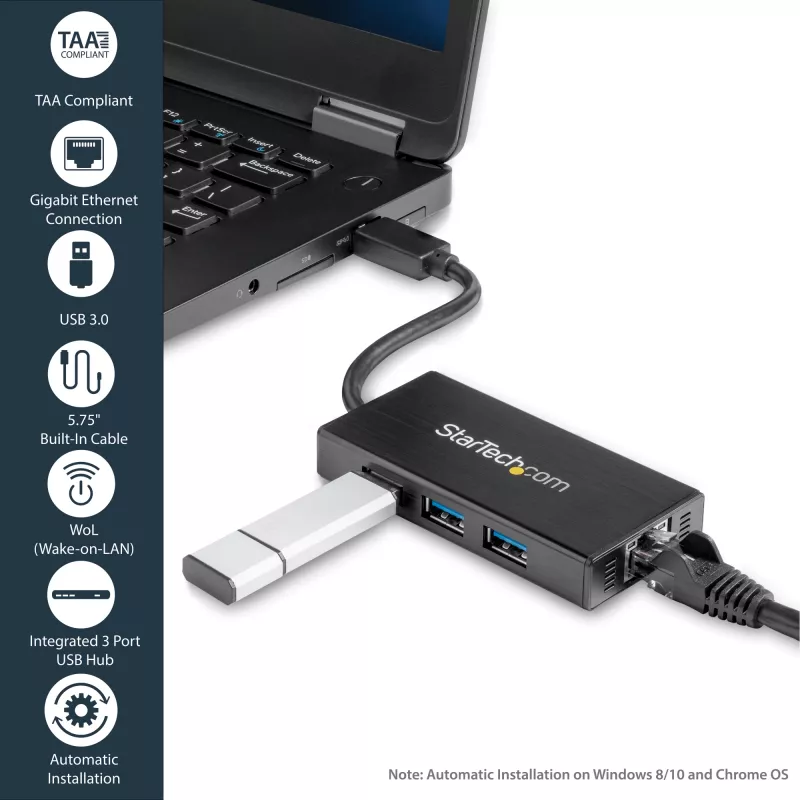 Hub USB 3.0 portátil de 3 portas StarTech.com com Gigabit Ethernet - Alumínio com cabo integrado~Hub USB 3.0 portátil de 3 portas com Gigabit Ethernet - 5 Gbit/s - Alumínio com cabo integrado