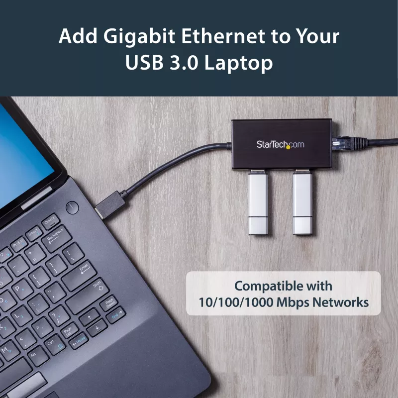 Hub USB 3.0 portátil de 3 portas StarTech.com com Gigabit Ethernet - Alumínio com cabo integrado~Hub USB 3.0 portátil de 3 portas com Gigabit Ethernet - 5 Gbit/s - Alumínio com cabo integrado