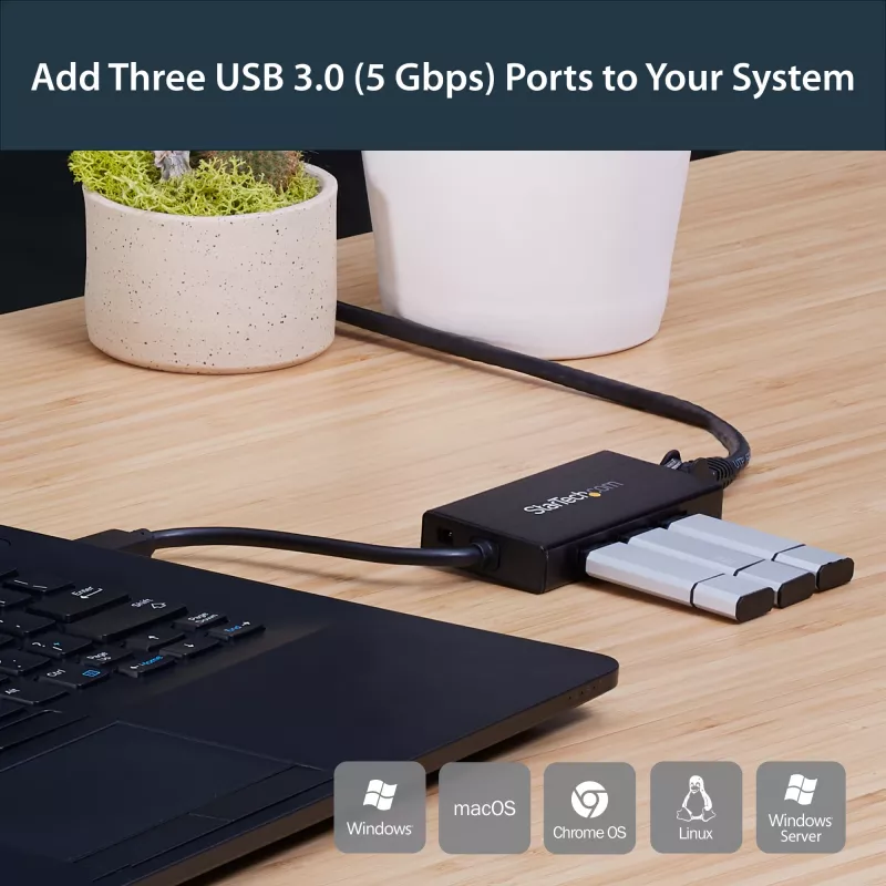 Hub USB 3.0 portátil de 3 portas StarTech.com com Gigabit Ethernet - Alumínio com cabo integrado~Hub USB 3.0 portátil de 3 portas com Gigabit Ethernet - 5 Gbit/s - Alumínio com cabo integrado