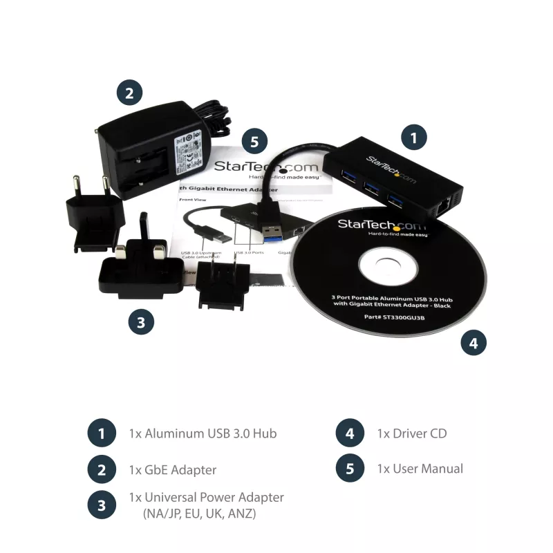 Hub USB 3.0 portátil de 3 portas StarTech.com com Gigabit Ethernet - Alumínio com cabo integrado~Hub USB 3.0 portátil de 3 portas com Gigabit Ethernet - 5 Gbit/s - Alumínio com cabo integrado