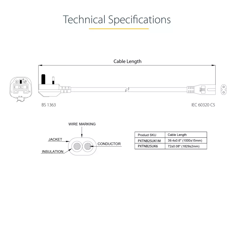 Cabo de alimentação para portátil UK StarTech.com de 3ft (1m), BS 1363 para C7, 2,5A 250V, 18AWG, preto, cabo de substituição para portátil UK, cabo de alimentação para impressora, cabo de carregamento AC para portátil, cabo de alimentação para portátil