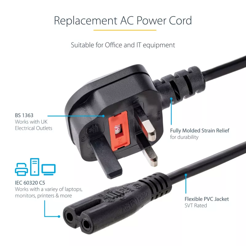 Cabo de alimentação para portátil UK StarTech.com de 3ft (1m), BS 1363 para C7, 2,5A 250V, 18AWG, preto, cabo de substituição para portátil UK, cabo de alimentação para impressora, cabo de carregamento AC para portátil, cabo de alimentação para portátil