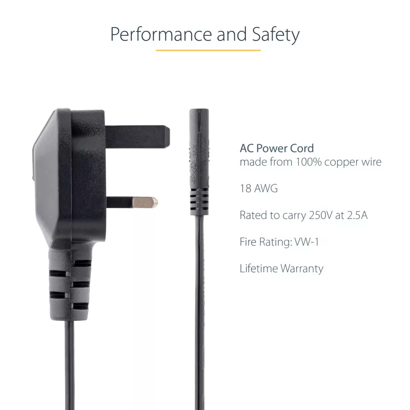 Cabo de alimentação para portátil UK StarTech.com de 3ft (1m), BS 1363 para C7, 2,5A 250V, 18AWG, preto, cabo de substituição para portátil UK, cabo de alimentação para impressora, cabo de carregamento AC para portátil, cabo de alimentação para portátil