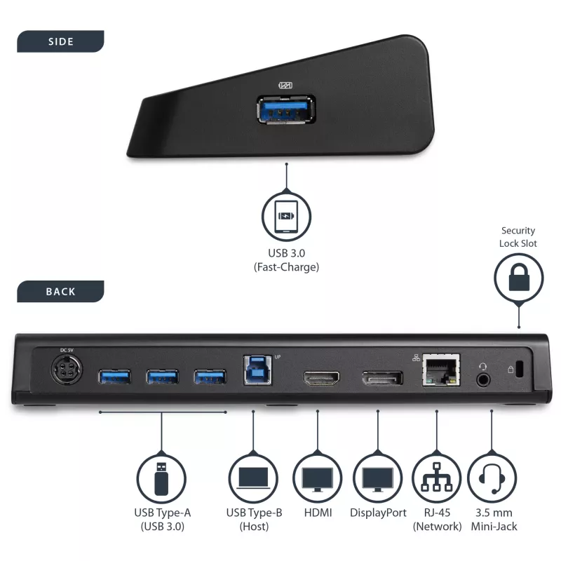 Docking station USB 3.0 para monitor duplo StarTech.com com HDMI e DisplayPort 4K – USB 3.0 para 4x USB-A, Ethernet, HDMI e DP – Docking station universal USB Type-A para portátil Mac e Windows