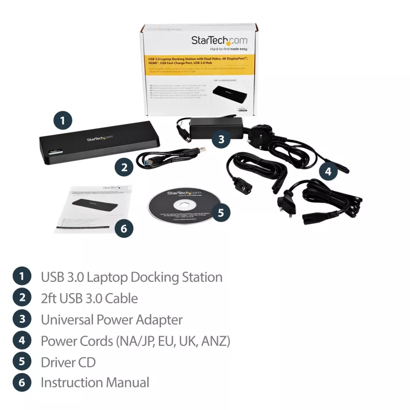 Docking station USB 3.0 para monitor duplo StarTech.com com HDMI e DisplayPort 4K – USB 3.0 para 4x USB-A, Ethernet, HDMI e DP – Docking station universal USB Type-A para portátil Mac e Windows