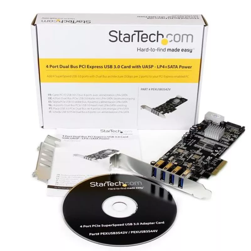 Placa PCI Express USB 3.0 de 4 portas StarTech.com, PCIe, USB 3.2 Gen 1 (3.1 Gen 1), Full-Height / Low-Profile, PCI 2.0, preto, aço inoxidável, 3 m