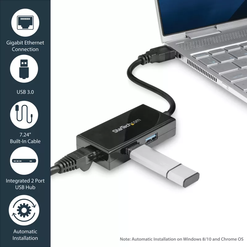 StarTech.com Adaptador USB para Ethernet, conversor de LAN USB 3.0 para Ethernet Gigabit 10/100/1000 para portáteis, cabo fixo de 11,8