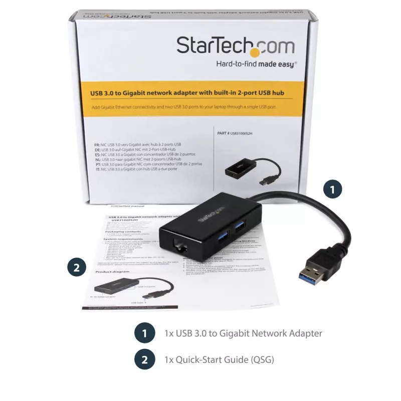 StarTech.com Adaptador USB para Ethernet, conversor de LAN USB 3.0 para Ethernet Gigabit 10/100/1000 para portáteis, cabo fixo de 11,8
