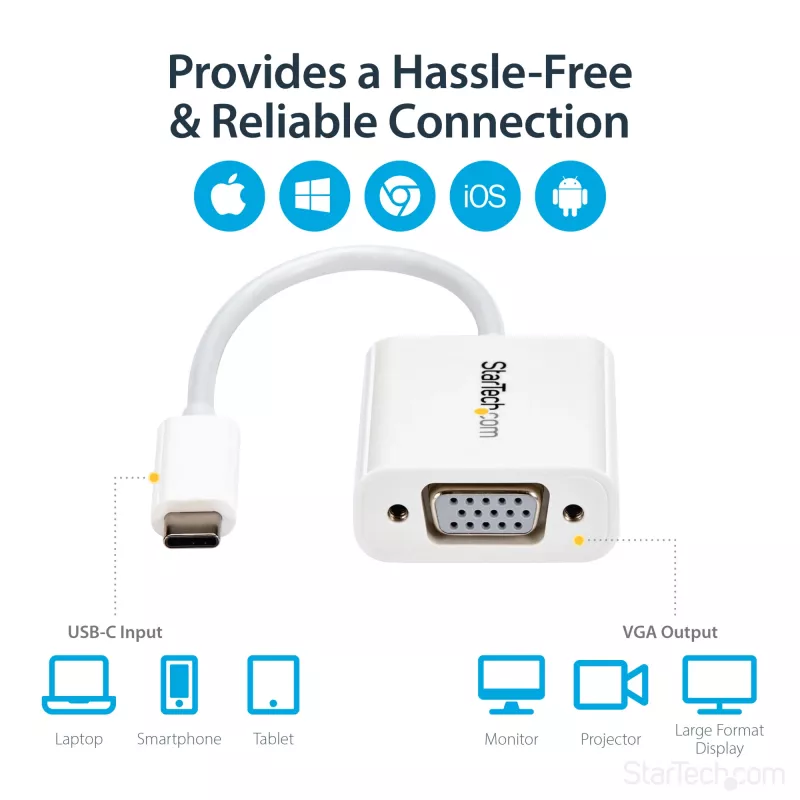 StarTech.com Adaptador USB-C para VGA – branco, 3.2 Gen 1 (3.1 Gen 1), USB Type-C, saída VGA (D-Sub), 1920 x 1200 píxeis