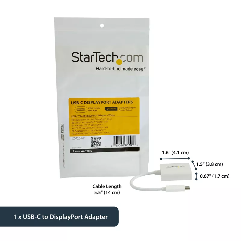 StarTech.com Adaptador USB-C para DisplayPort – 4K 60Hz/8K 30Hz – dongle adaptador USB Type-C para DP 1.4 HBR2 – conversor de vídeo compacto USB-C (DP Alt Mode) para monitor – compatível com Thunderbolt 3 – branco