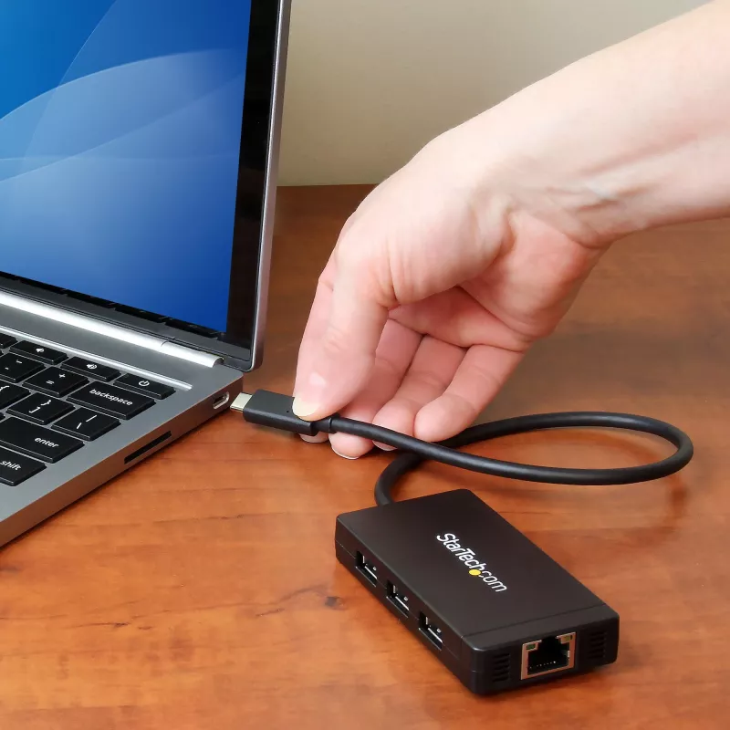 StarTech.com Hub USB 3.0 de 3 portas mais Gigabit Ethernet – USB-C – inclui fonte de alimentação