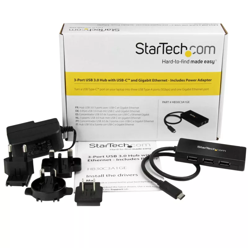 StarTech.com Hub USB 3.0 de 3 portas mais Gigabit Ethernet – USB-C – inclui fonte de alimentação