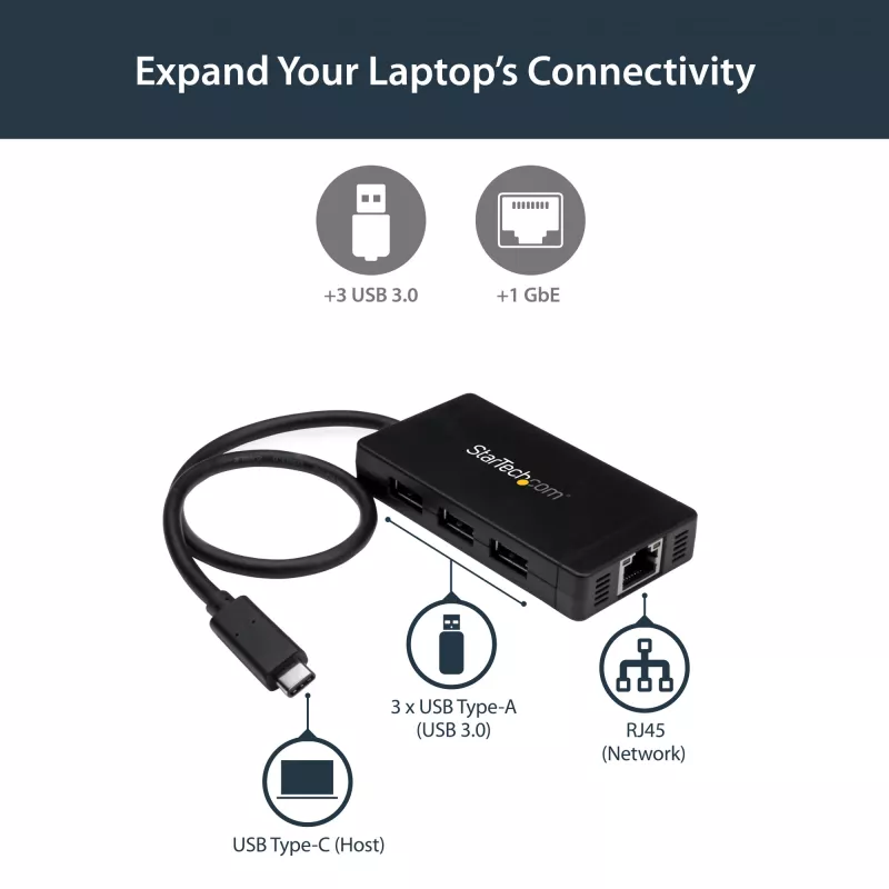 StarTech.com Hub USB 3.0 de 3 portas mais Gigabit Ethernet – USB-C – inclui fonte de alimentação