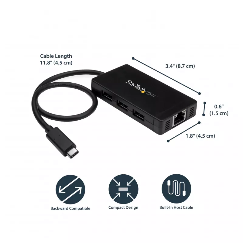 StarTech.com Hub USB 3.0 de 3 portas mais Gigabit Ethernet – USB-C – inclui fonte de alimentação