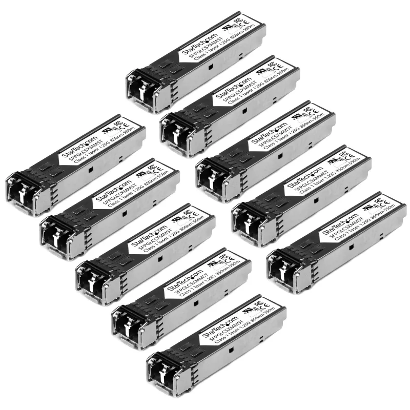 StarTech.com Módulo transceptor SFP compatível com Cisco GLC-SX-MM – 1000BASE-SX – pack de 10~Pack de 10 módulo SFP compatível com Cisco GLC-SX-MM (pack de 10) – 1000BASE-SX – transceptor ótico de fibra multimodo MMF 1GbE – SFP Gigabit Ethernet 1GE – LC 550 m – 850 nm – DDM Cisco IE3200, IE3300, ME1200