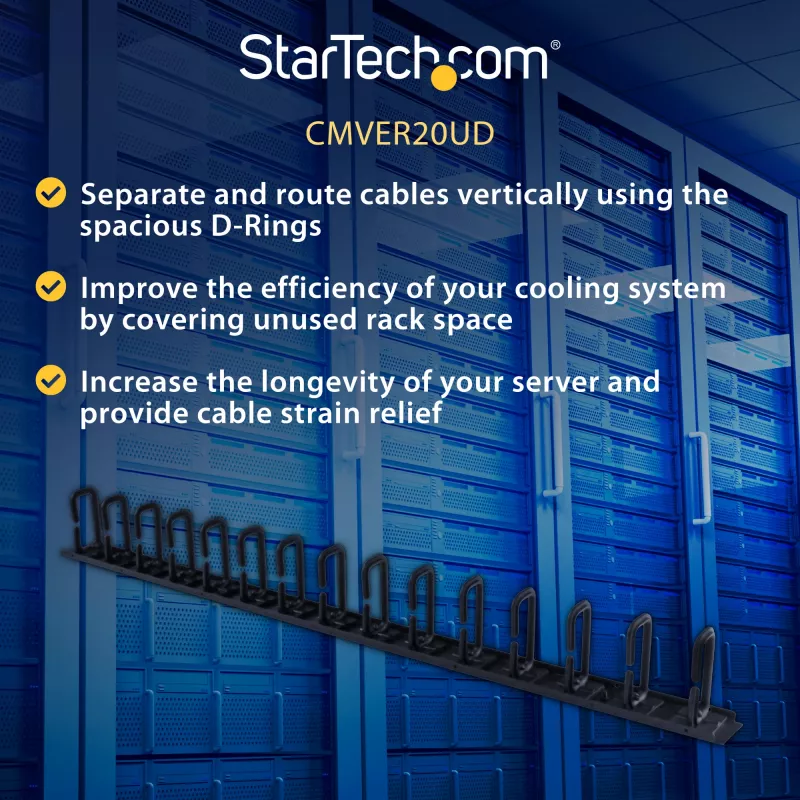 StarTech.com Organizador de cabos vertical com ganchos em D – 0U – 2,8 pés