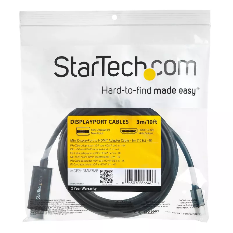 StarTech.com Cabo Mini DisplayPort para HDMI 3 m – vídeo 4K 30 Hz – cabo adaptador mDP para HDMI – Mini DP ou Thunderbolt 1/2 Mac/PC para monitor/ecrã HDMI – cabo conversor mDP para HDMI