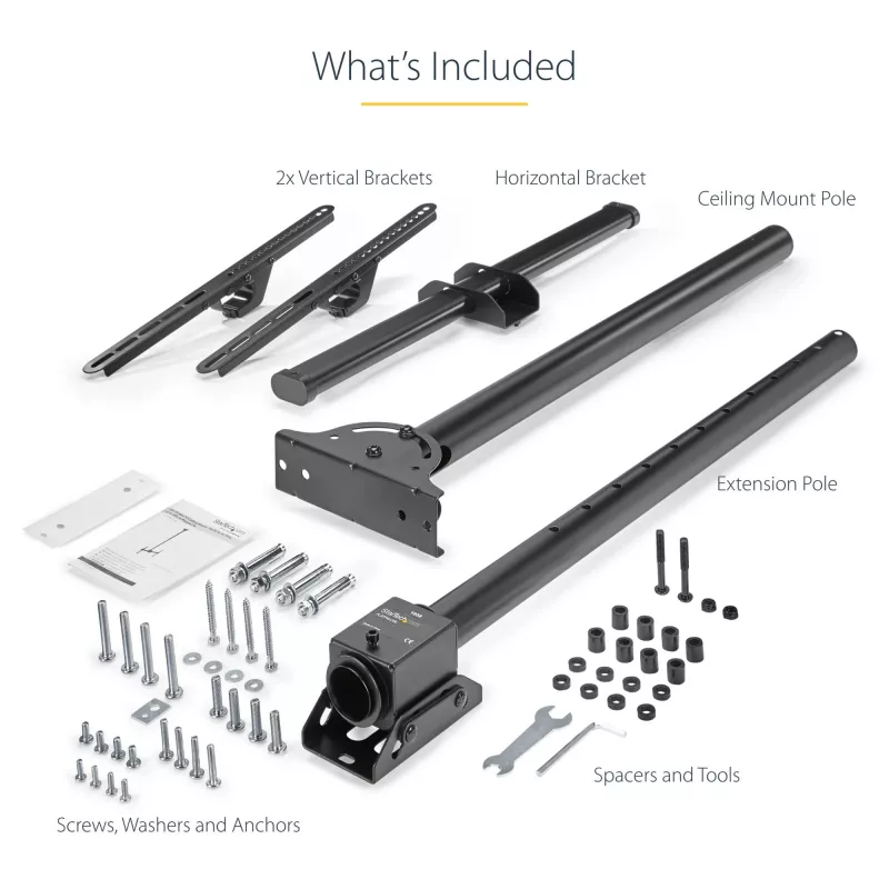 StarTech.com Suporte de teto para TV – suporte universal de ecrã único suspenso totalmente articulado com haste telescópica ajustável – inclinação / rotação – suporte VESA para ecrãs de 32 a 75 polegadas