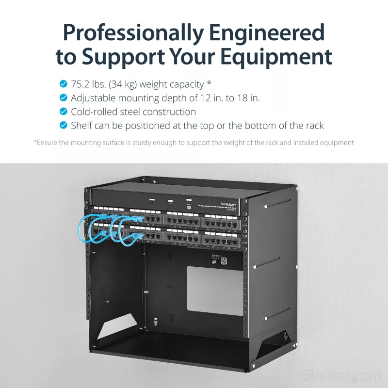 StarTech.com Rack de servidor de montagem na parede com prateleira integrada – aço maciço – 8U