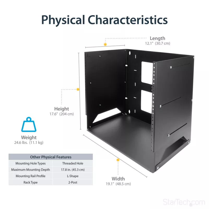 StarTech.com Rack de servidor de montagem na parede com prateleira integrada – aço maciço – 8U