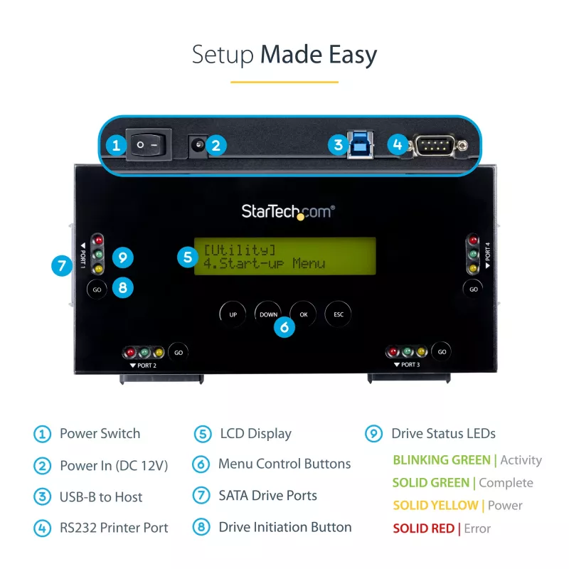 StarTech.com Apagador de discos SSD/HDD de 4 baías - SATA de 2,5 polegadas e 3,5 polegadas - sanitizador de discos externo autónomo sem host com apagamento seguro - 9 modos de apagamento - porta de impressora RS232 - em conformidade com NIST/DOD e TAA