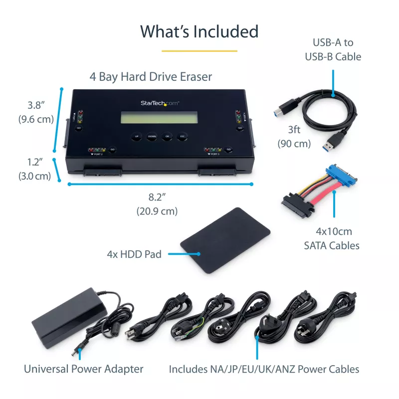 StarTech.com Apagador de discos SSD/HDD de 4 baías - SATA de 2,5 polegadas e 3,5 polegadas - sanitizador de discos externo autónomo sem host com apagamento seguro - 9 modos de apagamento - porta de impressora RS232 - em conformidade com NIST/DOD e TAA