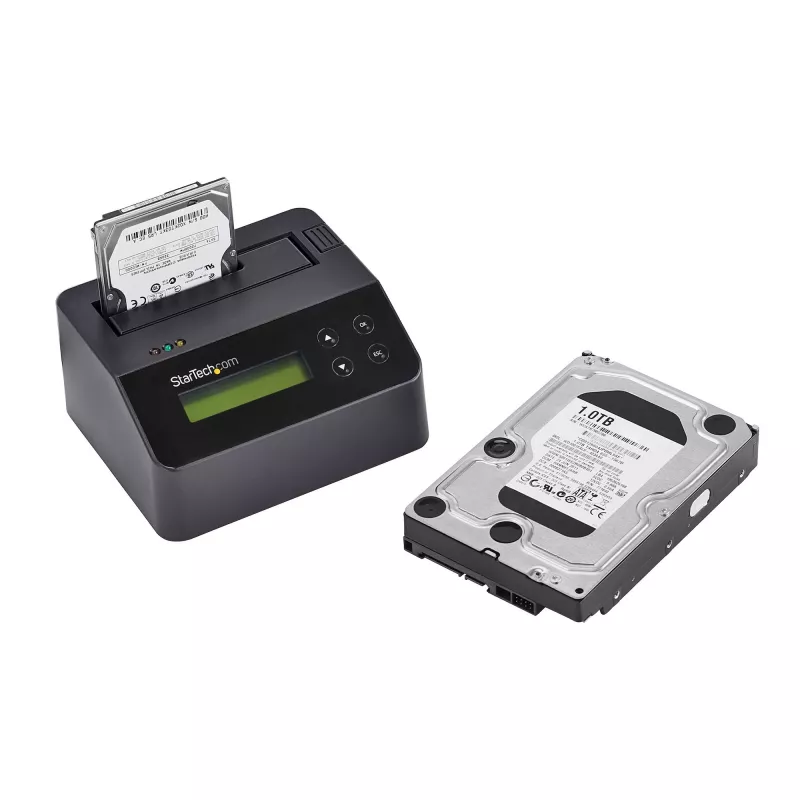 StarTech.com Apagador de discos de uma baía, sanitizador de HDD/SSD autónomo, 4Kn, USB 3.0 para SATA III (6 Gbit/s), 9 modos de apagamento, ecrã LCD, dock sanitizador de discos com apagamento seguro, porta de impressora DB-9, em conformidade com TAA