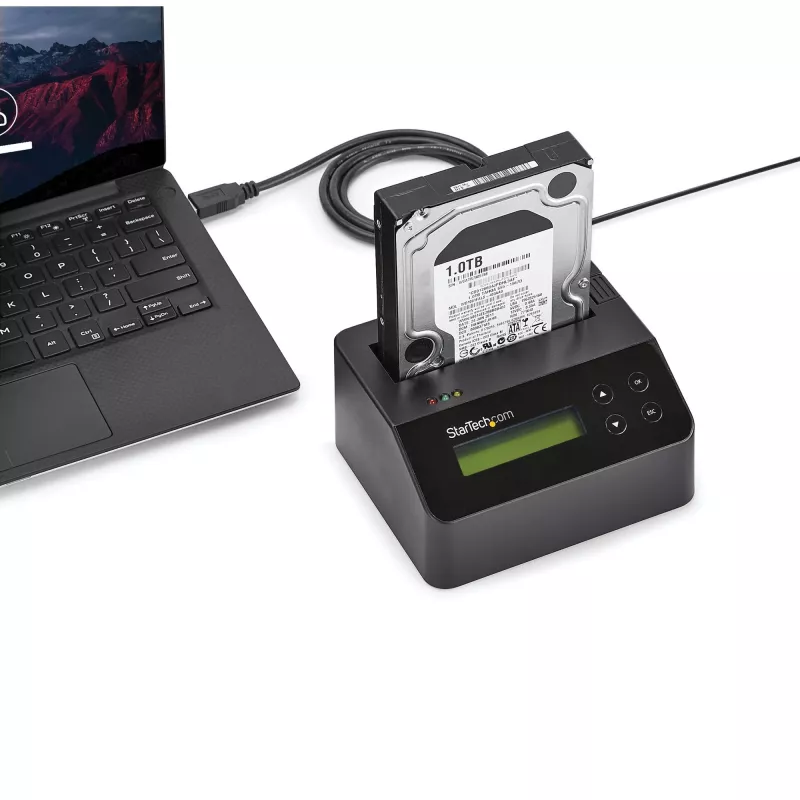 StarTech.com Apagador de discos de uma baía, sanitizador de HDD/SSD autónomo, 4Kn, USB 3.0 para SATA III (6 Gbit/s), 9 modos de apagamento, ecrã LCD, dock sanitizador de discos com apagamento seguro, porta de impressora DB-9, em conformidade com TAA