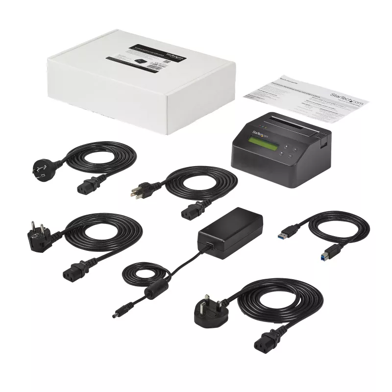 StarTech.com Apagador de discos de uma baía, sanitizador de HDD/SSD autónomo, 4Kn, USB 3.0 para SATA III (6 Gbit/s), 9 modos de apagamento, ecrã LCD, dock sanitizador de discos com apagamento seguro, porta de impressora DB-9, em conformidade com TAA