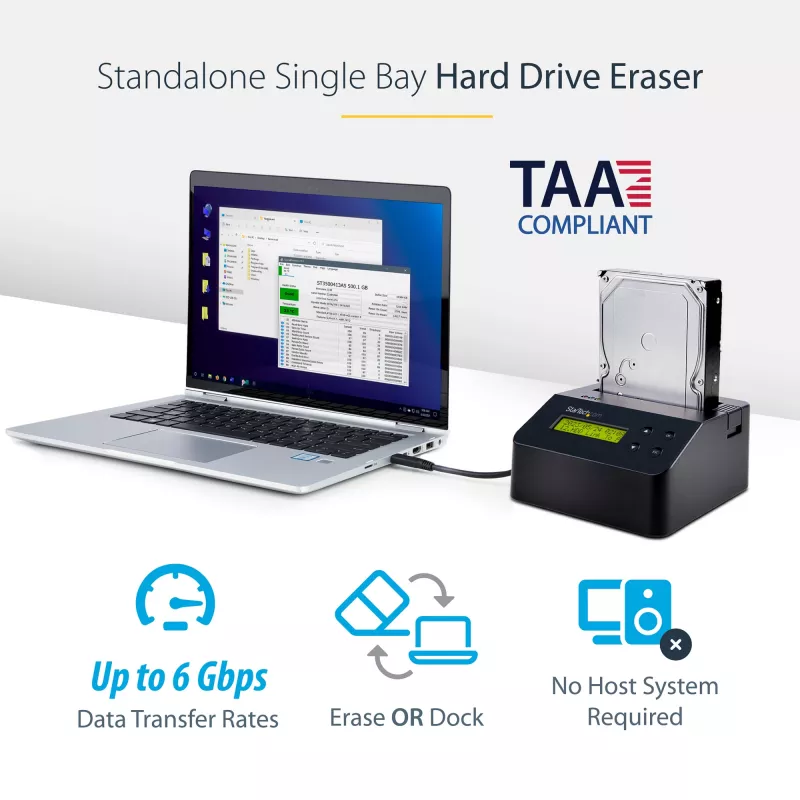 StarTech.com Apagador de discos de uma baía, sanitizador de HDD/SSD autónomo, 4Kn, USB 3.0 para SATA III (6 Gbit/s), 9 modos de apagamento, ecrã LCD, dock sanitizador de discos com apagamento seguro, porta de impressora DB-9, em conformidade com TAA