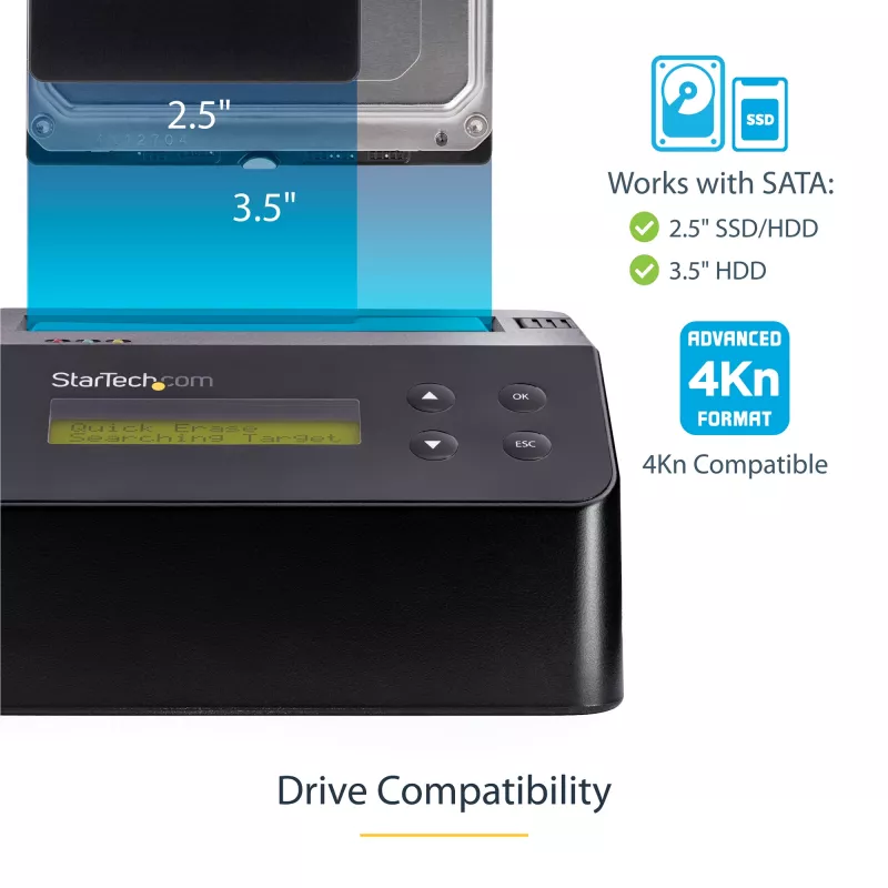 StarTech.com Apagador de discos de uma baía, sanitizador de HDD/SSD autónomo, 4Kn, USB 3.0 para SATA III (6 Gbit/s), 9 modos de apagamento, ecrã LCD, dock sanitizador de discos com apagamento seguro, porta de impressora DB-9, em conformidade com TAA