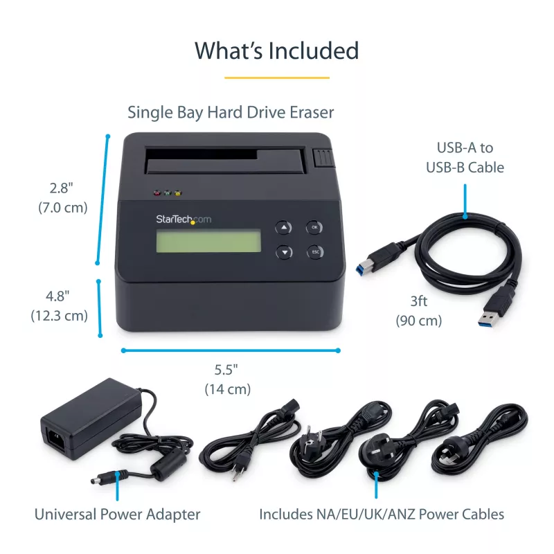 StarTech.com Apagador de discos de uma baía, sanitizador de HDD/SSD autónomo, 4Kn, USB 3.0 para SATA III (6 Gbit/s), 9 modos de apagamento, ecrã LCD, dock sanitizador de discos com apagamento seguro, porta de impressora DB-9, em conformidade com TAA