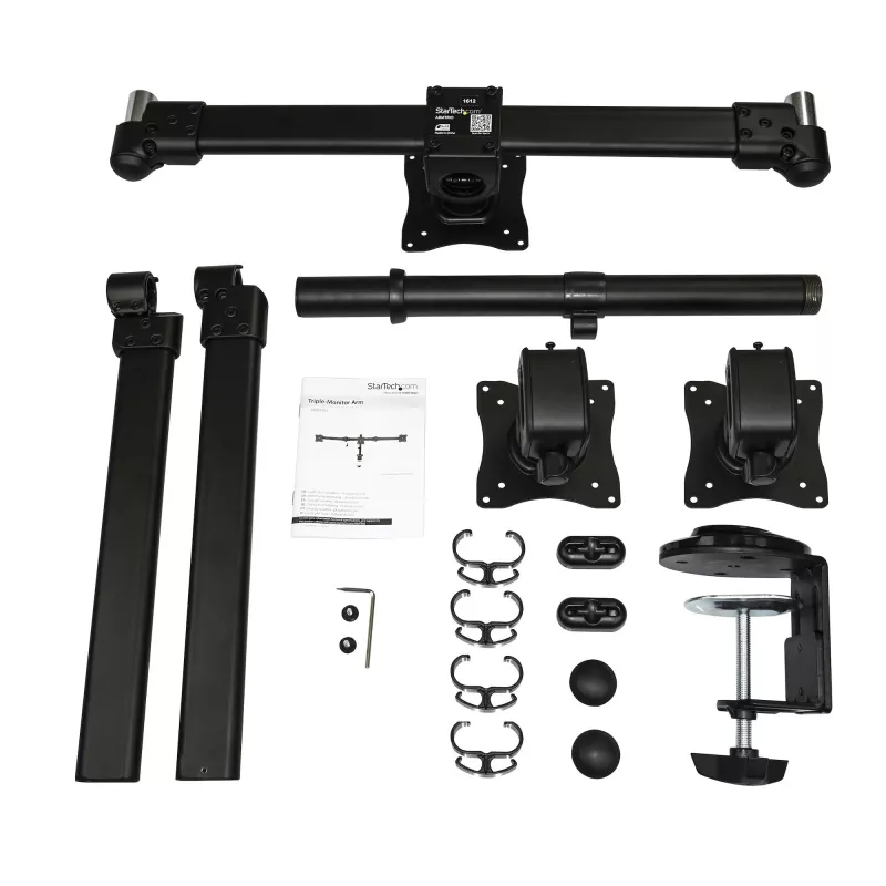 StarTech.com Braço de monitor triplo para montagem em secretária – suporte VESA ergonómico para 3 monitores até 27″ – montagem em mastro articulada e com altura ajustável – função de inclinação/rotação/orientação para ecrã LCD/LED – fixação por grampo/furo na secretária