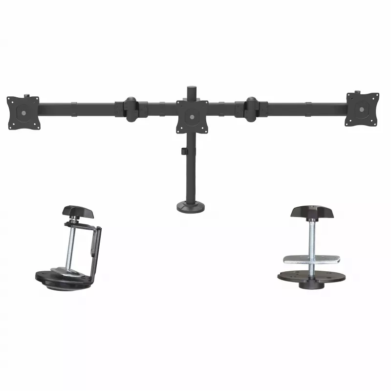 StarTech.com Braço de monitor triplo para montagem em secretária – suporte VESA ergonómico para 3 monitores até 27″ – montagem em mastro articulada e com altura ajustável – função de inclinação/rotação/orientação para ecrã LCD/LED – fixação por grampo/furo na secretária