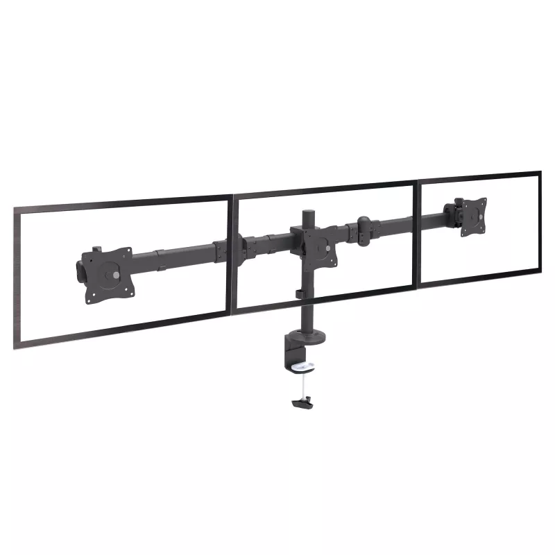 StarTech.com Braço de monitor triplo para montagem em secretária – suporte VESA ergonómico para 3 monitores até 27″ – montagem em mastro articulada e com altura ajustável – função de inclinação/rotação/orientação para ecrã LCD/LED – fixação por grampo/furo na secretária