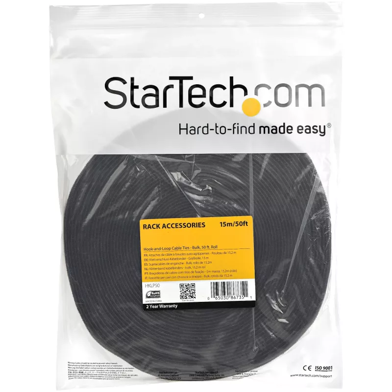Rolo de 50ft de gancho e laço StarTech.com - Abraçadeiras de cabos reutilizáveis de corte ajustável - Fita de fixação industrial a granel / Invólucros de tecido ajustáveis Preto / Abraçadeiras de gestão de cabos autoaderentes reutilizáveis