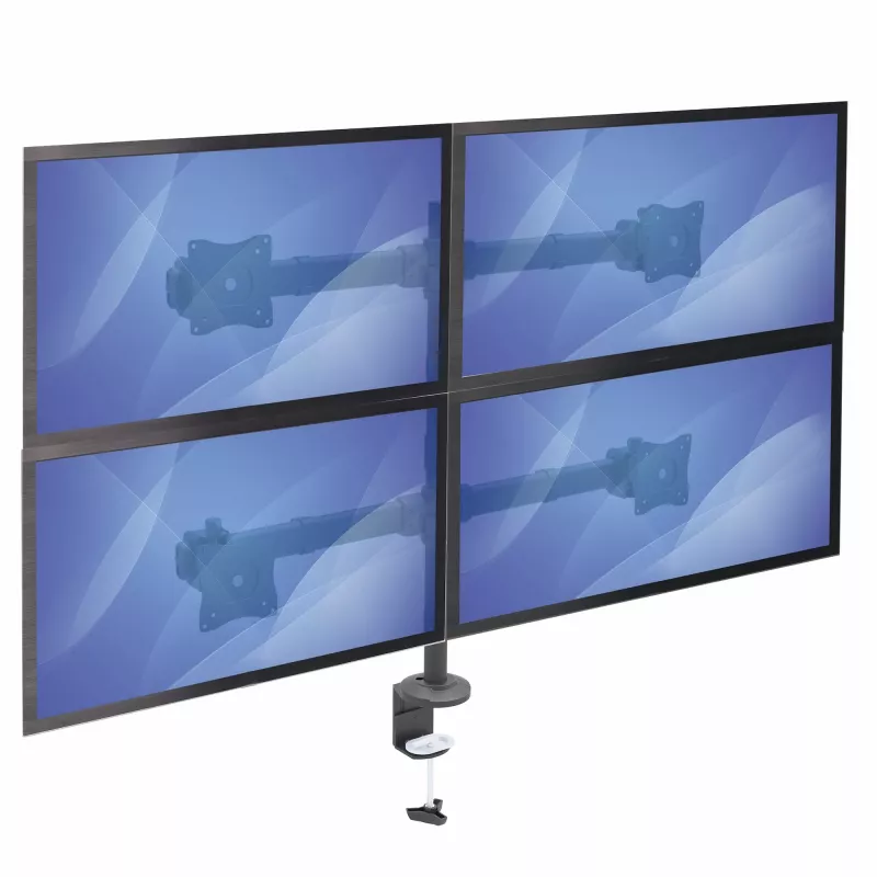 StarTech.com Braço de monitor quádruplo para montagem em secretária – suporte VESA ergonómico para 4 monitores 2x2 até 27 polegadas – montagem em mastro articulada e com altura ajustável – função de inclinação/rotação/orientação para ecrã LCD/LED – fixação por grampo/passagem de cabos na secretária
