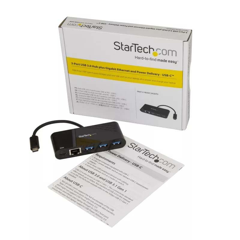 StarTech.com Hub USB-C de 3 portas com Gigabit Ethernet e carregamento de portátil por Power Delivery 60 W passthrough – USB-C para 3x USB-A (USB 3.0 SuperSpeed 5 Gbit/s) – hub adaptador USB 3.1/3.2 Gen 1 Type-C